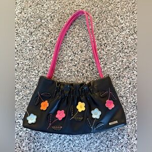 Y2K Vintage Fiorelli Mini Handbag black synthetic body vibrant floral appliqués